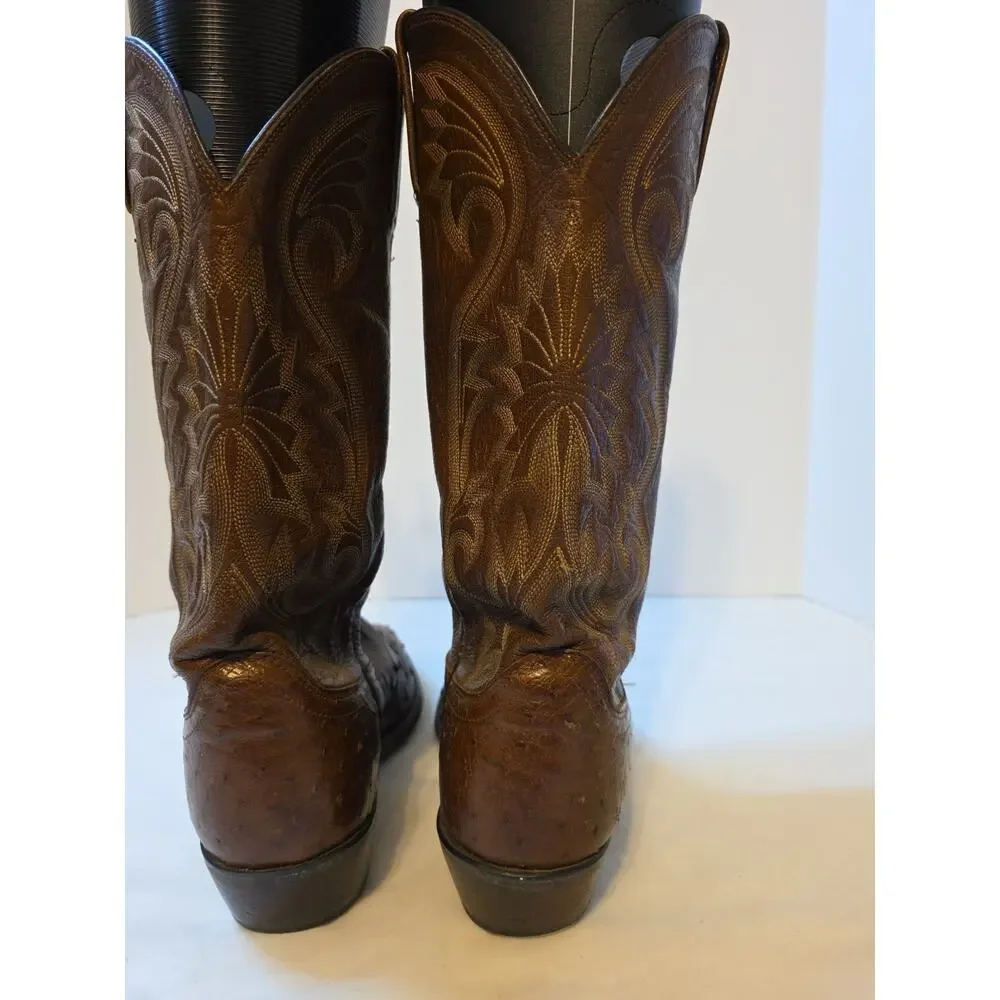 Vtg Dan Post Mens 9.5 Ew Brown Ostrich Leather Cowboy Boots